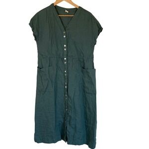 Lintico Womens Linen Green Button-Down Dress‎ Size M Front Pockets Lagenlook